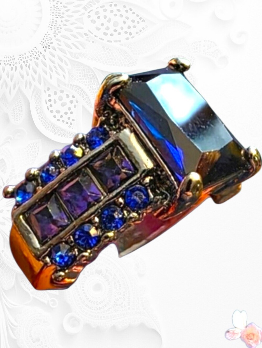 Cobalt Blue Crystal Statement Ring Chunky Bold Size 8.25 Gunmetal 325